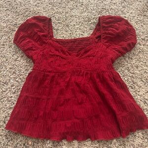 SHEIN Deep Red Textured Puff Sleeve Blouse